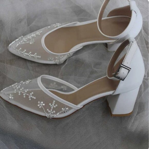 FSJ Pearl and Bead Embellished Tulle Ankle Strap Bridal Heels in White - Picture 1 of 8